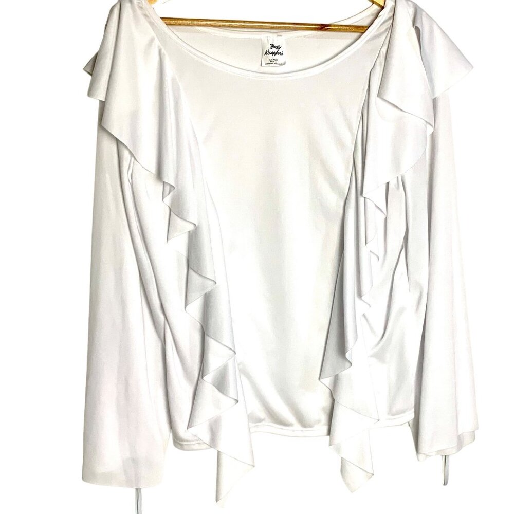 Body Wrappers Praise Dance Ruffle Top Long Sleeve Drapey White Size L Liturgical